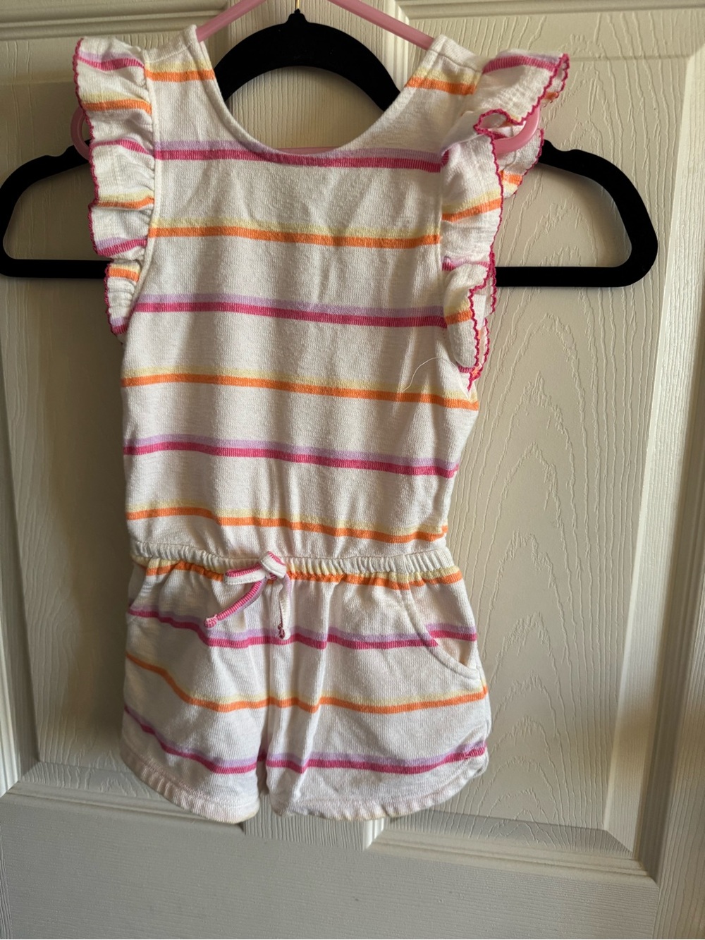 Striped Ruffle-Sleeve Romper in Cream with Pink & Orange Stripes